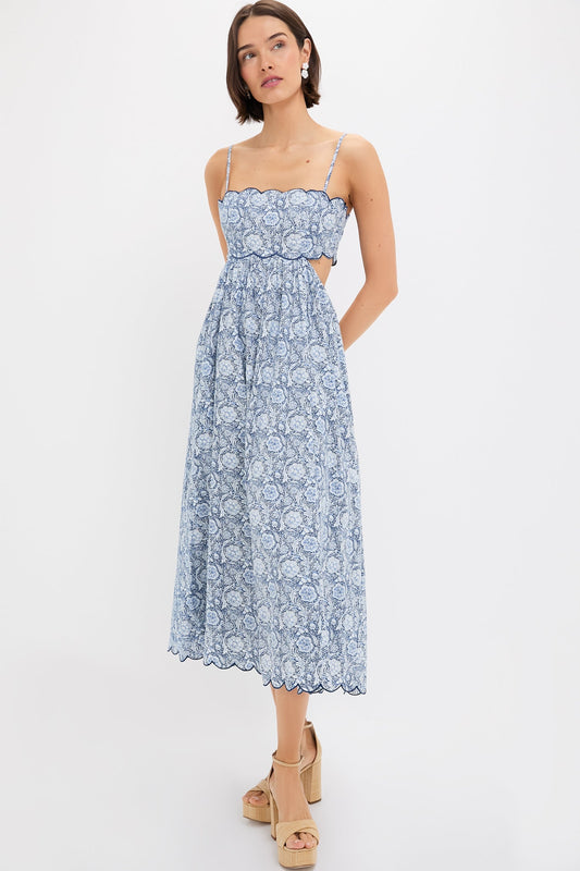 Blue Medallion Floral Estelle Scalloped Dress