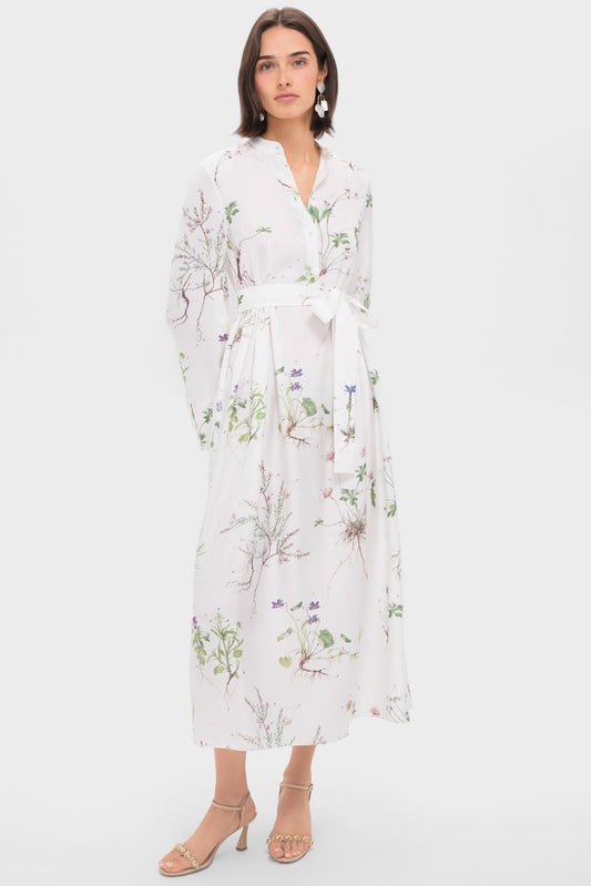 Botanical Garden White Long Sleeve Tie Waist Midi Dress